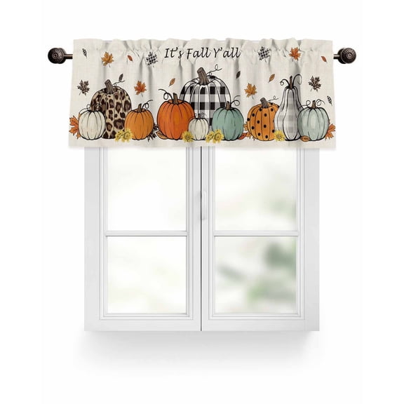 Farmhouse Fall Thanksgiving Kitchen Valances for Windows Orange Teal Plaid Pumpkins Leaf Valance Curtains for Kitchen /Living Room/Bedroom/ Bathroom Decor, 54"x18 " ,Rod Pocket 1 Panel,