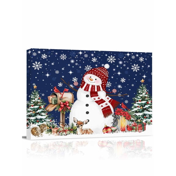 Navy Blue Christmas Snowman Canvas Print Wall Art Framed Canvas Art Wall Decor Xmas Tree Elk Balls Snowflake Pictures Painting Morden Artwork for Living Room Bedroom, Ready to Hang - 12"x16"