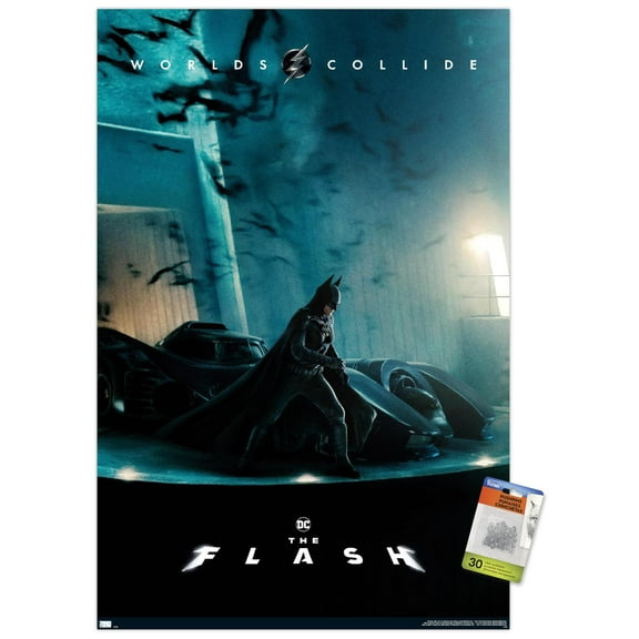 DC Comics Movie The Flash - Batman and Batmobile One Sheet Wall Poster with Pushpins, 22.375" x 34"