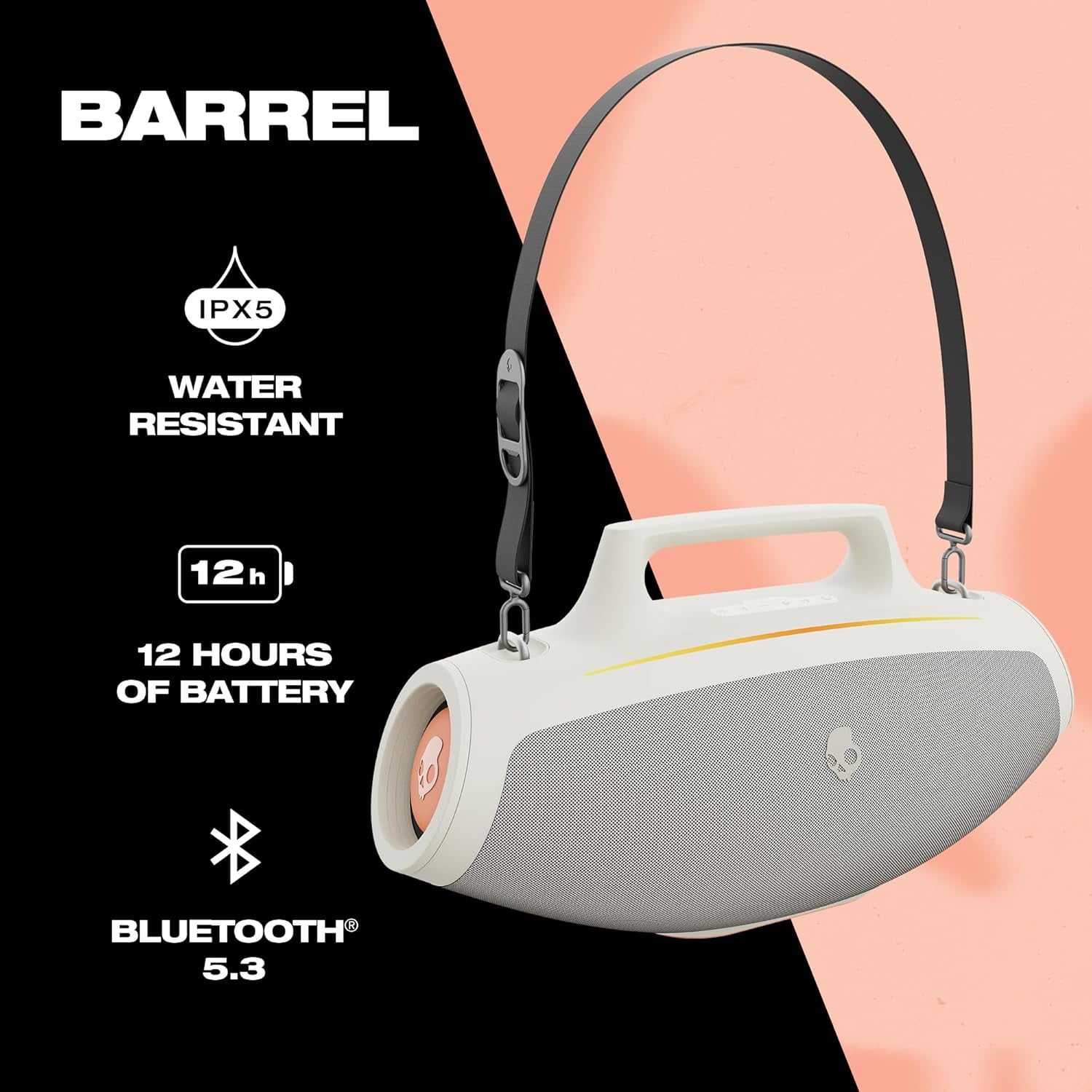 Skullcandy Barrel Bluetooth Boombox Party Speaker, Water-Resistant Portable Speaker, LED Lightshow Mode, 12 Hour Battery, Multi-Link