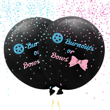 PANTIDE 2Pcs 36Inch Burnouts or Bow Gender Reveal Balloons with Pink and Blue Round Confetti Black Latex Balloons Giant Balloons Gender Reveal Party Supplies for Boys or Girls Baby Shower Decoration