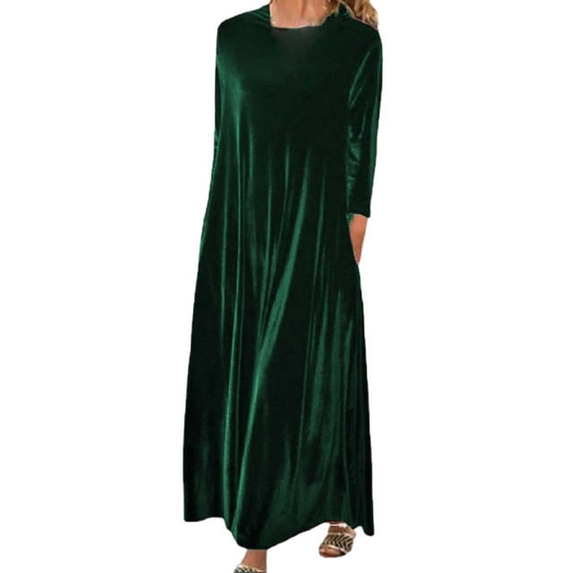 Prolriy Robe en Velours pour Femmes Printemps et Automne Nouvelle Robe Longue en Velours Doré Européenne et Américaine à Col Rond Fin pour Femmes 2025 Vert TTTG
