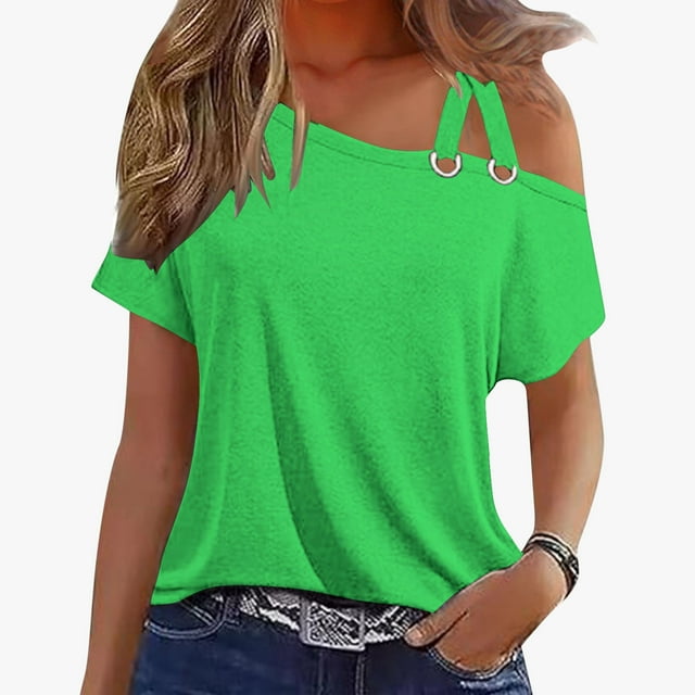 UPPADA Chemises d'Été Tendance pour Femmes Col Rond Épaules Dénudées Hauts Couleur Unie Mode Décontractée Ajustée pour Entraînement Vert,P
