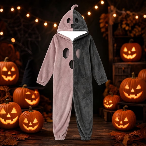 Harpily One Piece Pajamas for Women Zip Up Hooded Jumpsuit Long Sleeve Two‑tone Split‑color Design Adult Onesie Pajamas for Halloween Themed Party Sleepwear