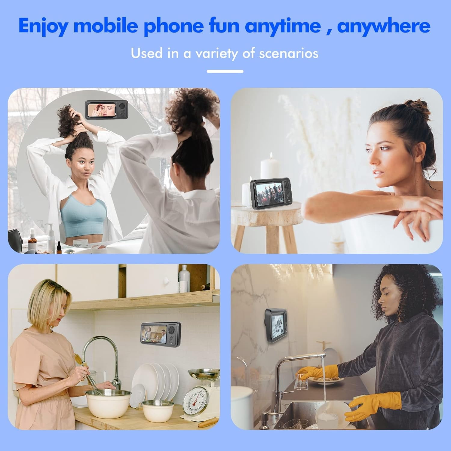 LC-dolida Shower Phone Holder with Wireless Bluetooth Speaker, Waterproof 360 Rotation Viewable Shower Phone Stand Case Mount Speakers for Bathroom Wall Mirro for 4"- 6.8" Cell Phones(Black)
