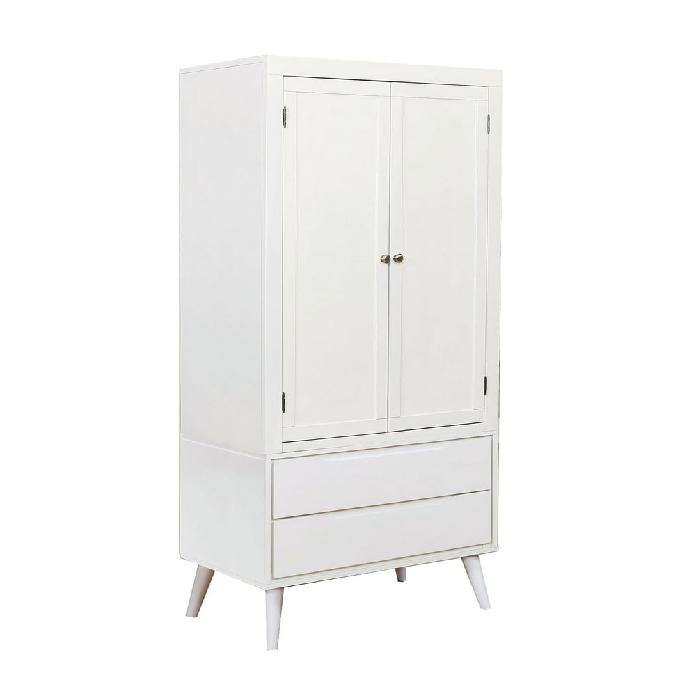 Transitional Style Wooden Armoire with 2 Drawers and Angled Legs, White
