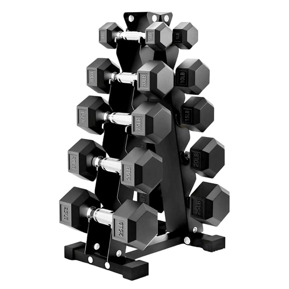 BalanceFrom 150 lb Rubber Coated Iron Dumbbell Hex Weights Set with A-Frame Rack, Black