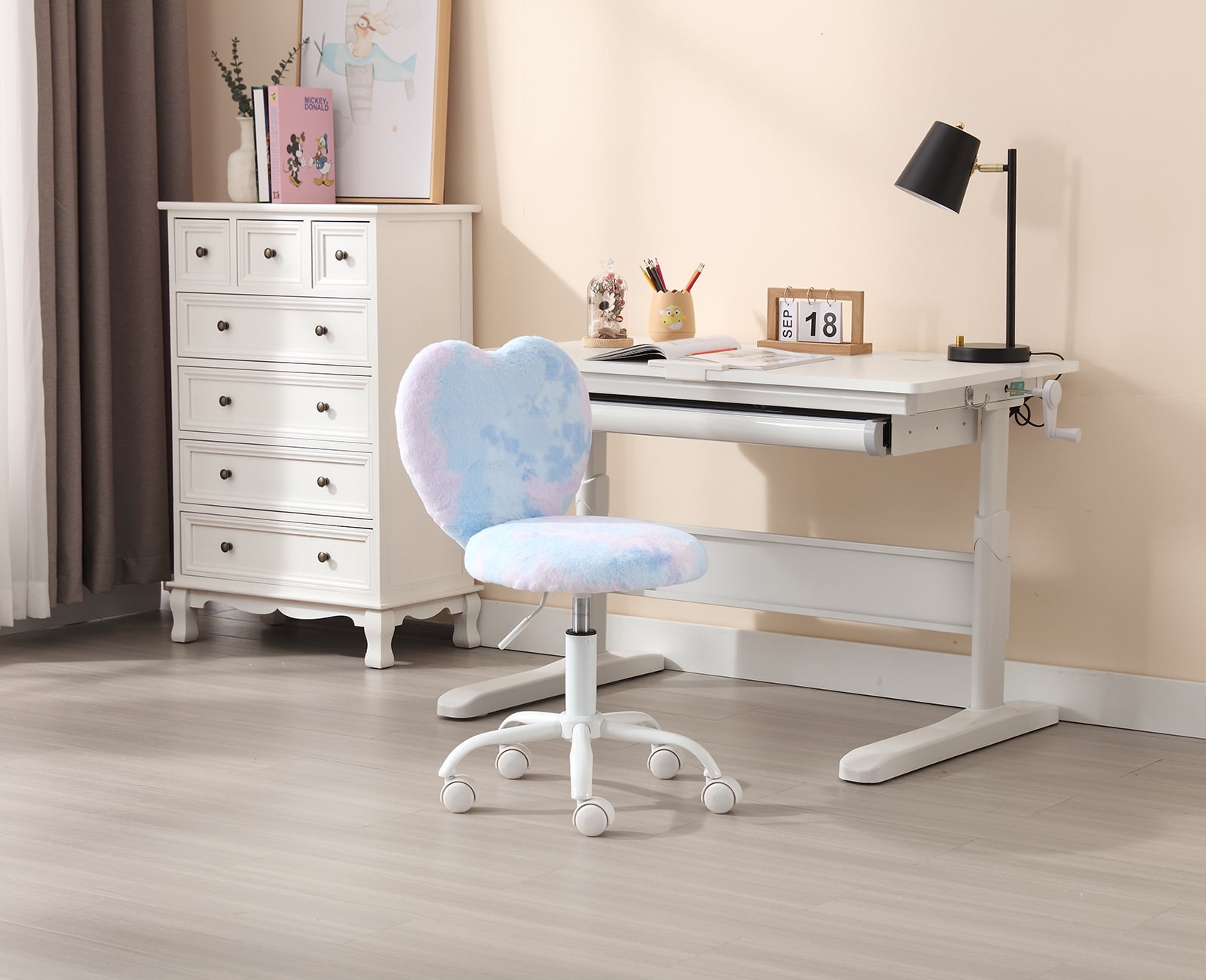 Guyou Cute Fuzzy Kids Chair, Faux Fur Rolling Swivel Children Desk Chair, Adjustable Student Task Chair Vanity Chair with Heart Shaped Back for Bedroom Living Room Study Room Kids Room , Dreamy Blue