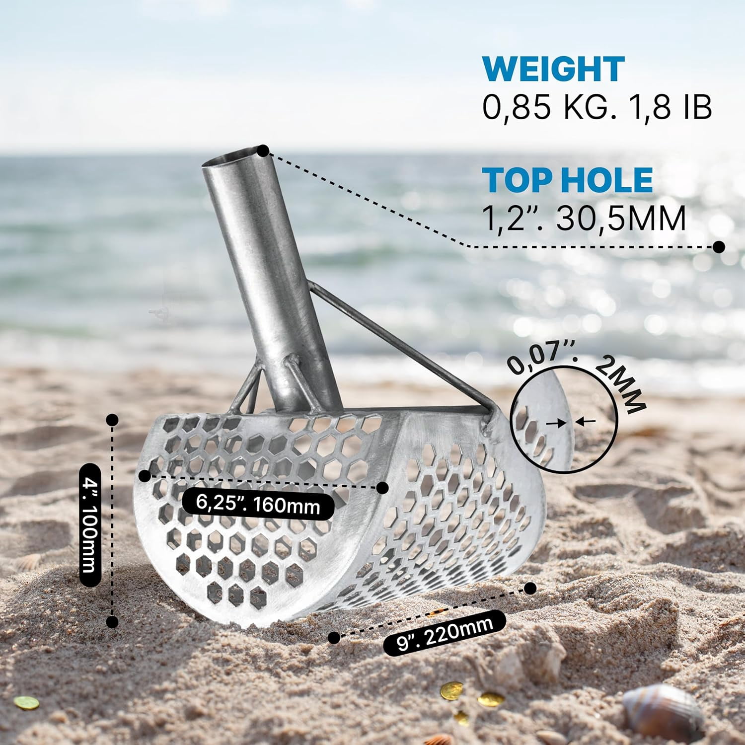 CKG Sand Scoops for Beach Metal Detecting Stainless Steel Beach Metal Detecting Shovel Underwater Treasure Hunting, Metal Detector Accessories(Bag + Scoop + Carbon Fiber Handle), (9x6 + Handle)
