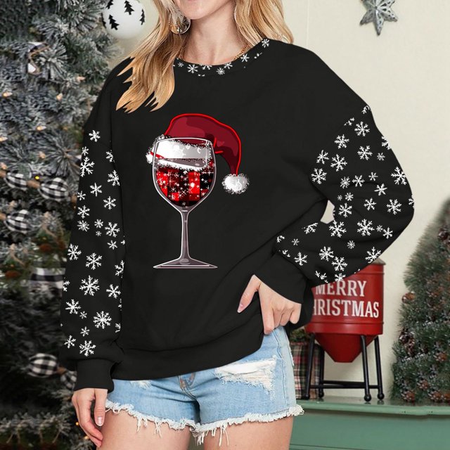 WILLBEST Chandail à Capuche Graphique de Noël pour Femmes, Col Rond, Imprimé Festif, Décontracté