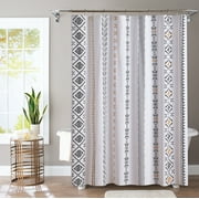 Bohemian Vertical Stripe White Shower Curtain,Simple Black and Ginger Yellow Geometric Pattern Bath Curtain Sets with 12 Hooks, 72" Wx72 H