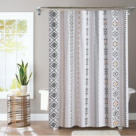 Bohemian Vertical Stripe White Shower Curtain,Simple Black and Ginger Yellow Geometric Pattern Bath Curtain Sets with 12 Hooks, 72" Wx72 H