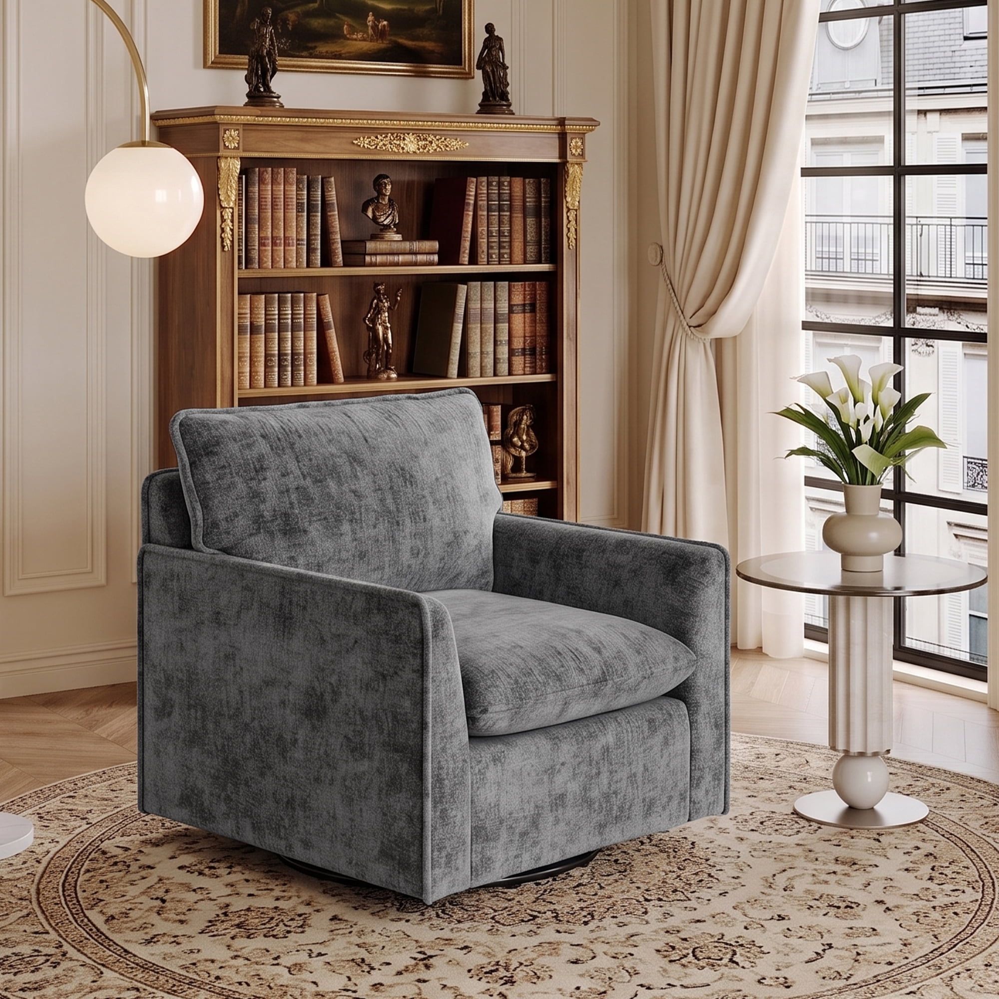 HOQBN 360°Swivel Accent Chair, Comfy Single Square Sofa Armchairs,Upholstered Club Chairs for Living Room,Bedroom, Reading Room, Grey