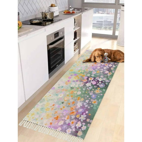 Teal Spring Floral Entryway Runner Rug 2x4ft,Modern Oil Painted Daisy Botanical Washable Woven Living Room Hallway Bedroom Kitchen Carpet with Tassels,Indoor Outdoor Throw Door Mat for Entryway