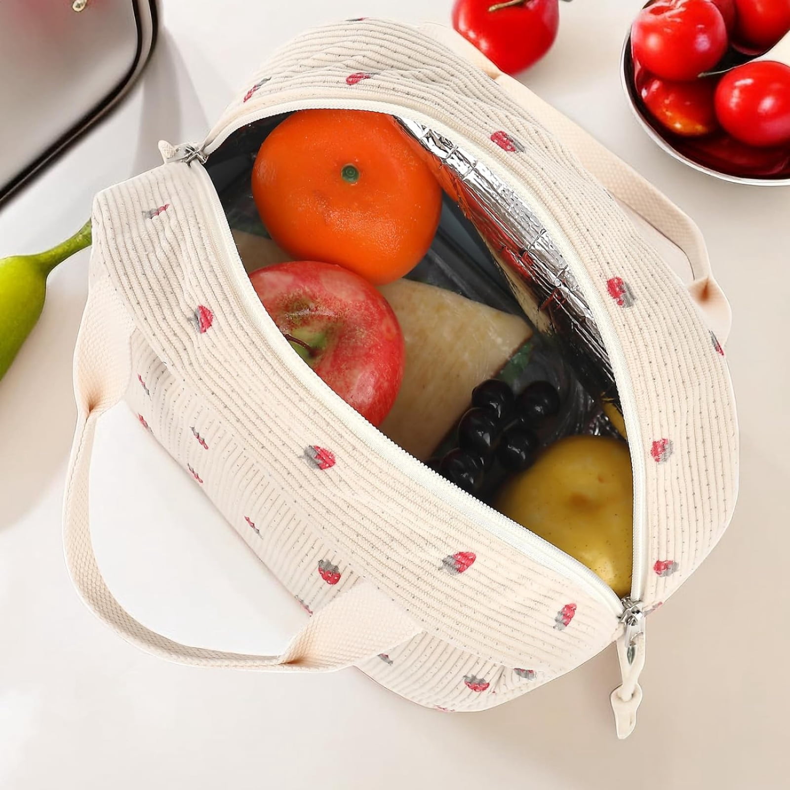SQDWYGG Lunch Bag Cute Corduroy Lunch Handbag Reusable Insulated Lunch Box Large Capacity Insulated Refrigerated Box,Beige strawberry