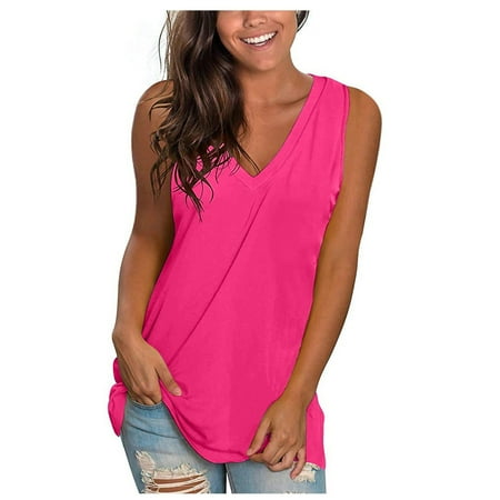 Mrat Womens Tank Tops with Built In Bra Women s Fashion Solid Vests Loose Sleeveless V-Neck T-Shirt Pullover Tops Sports Tank Tops for Women S-445 Hot-Pink XL