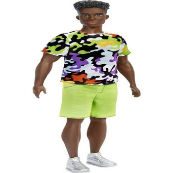 Barbie Ken Fashionistas Doll #123, Broad, Black Curly Hair, Multi-Colored Print Shirt, Green Shorts, Sneakers, Kids 3 to 8 Years Old