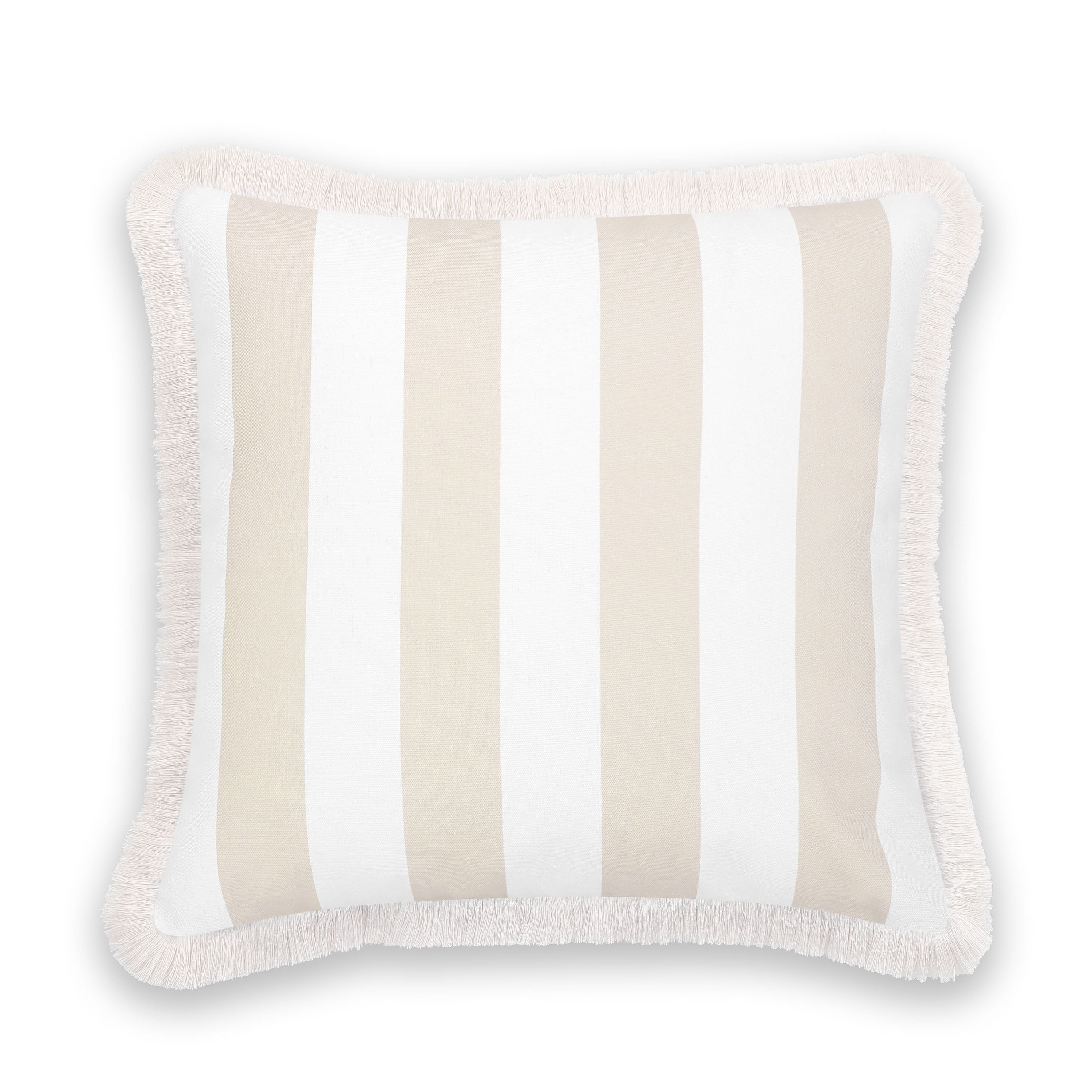 Hofdeco Premium Fall Coastal Patio Indoor Outdoor Pillow Cover Only, 20"x20" Water Repellent for Backyard, Couch, Neutral Tan Stripe Fringe