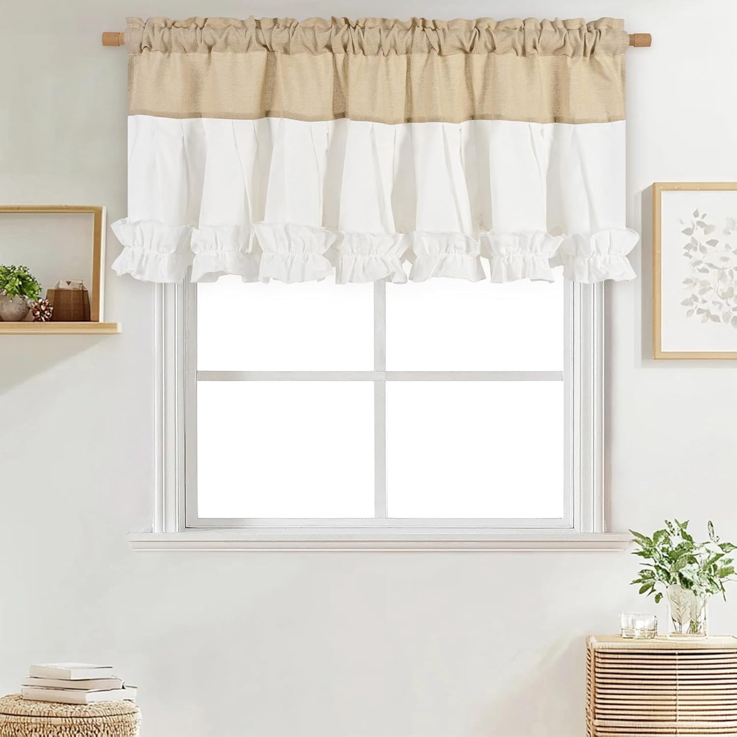 Alishomtll Linen White Ruffle Valance Curtains Rod Pocket Window Drapes Light Filtering 52"W×18"L