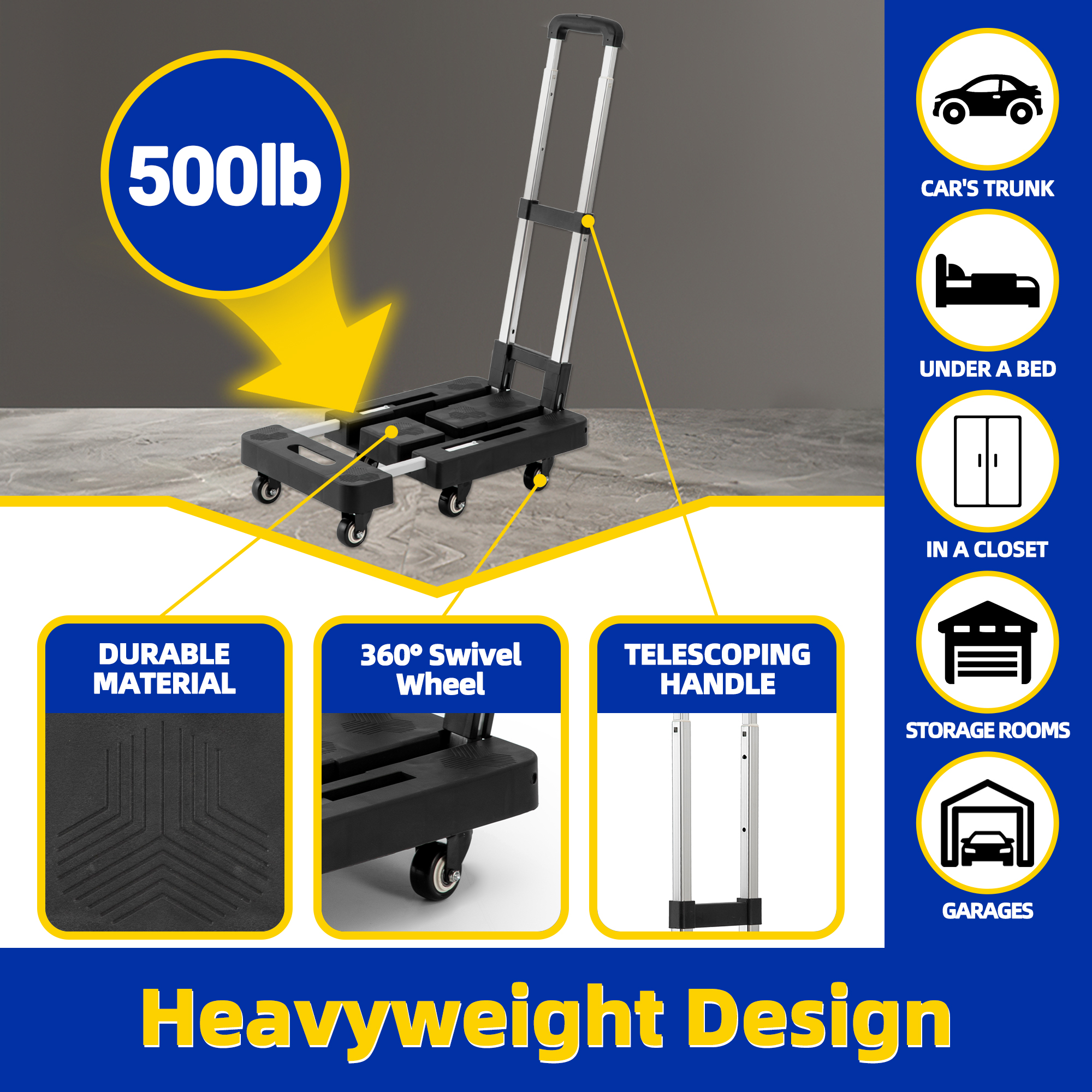 OUTMASTER  6 Wheel Folding Hand Truck-500lbs Capacity,Adjustable Handle & 360° Wheels for Home/Office/Travel