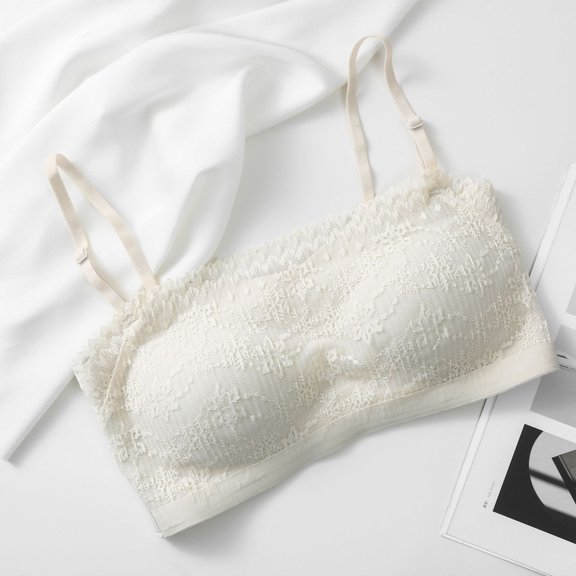 Vhkiploz Womens Lace Bandeau Wireless Bra, Wirefree Adjustable Strap Comfort Bralette Soft Full Coverage Lounge Bra for All-Day Wear