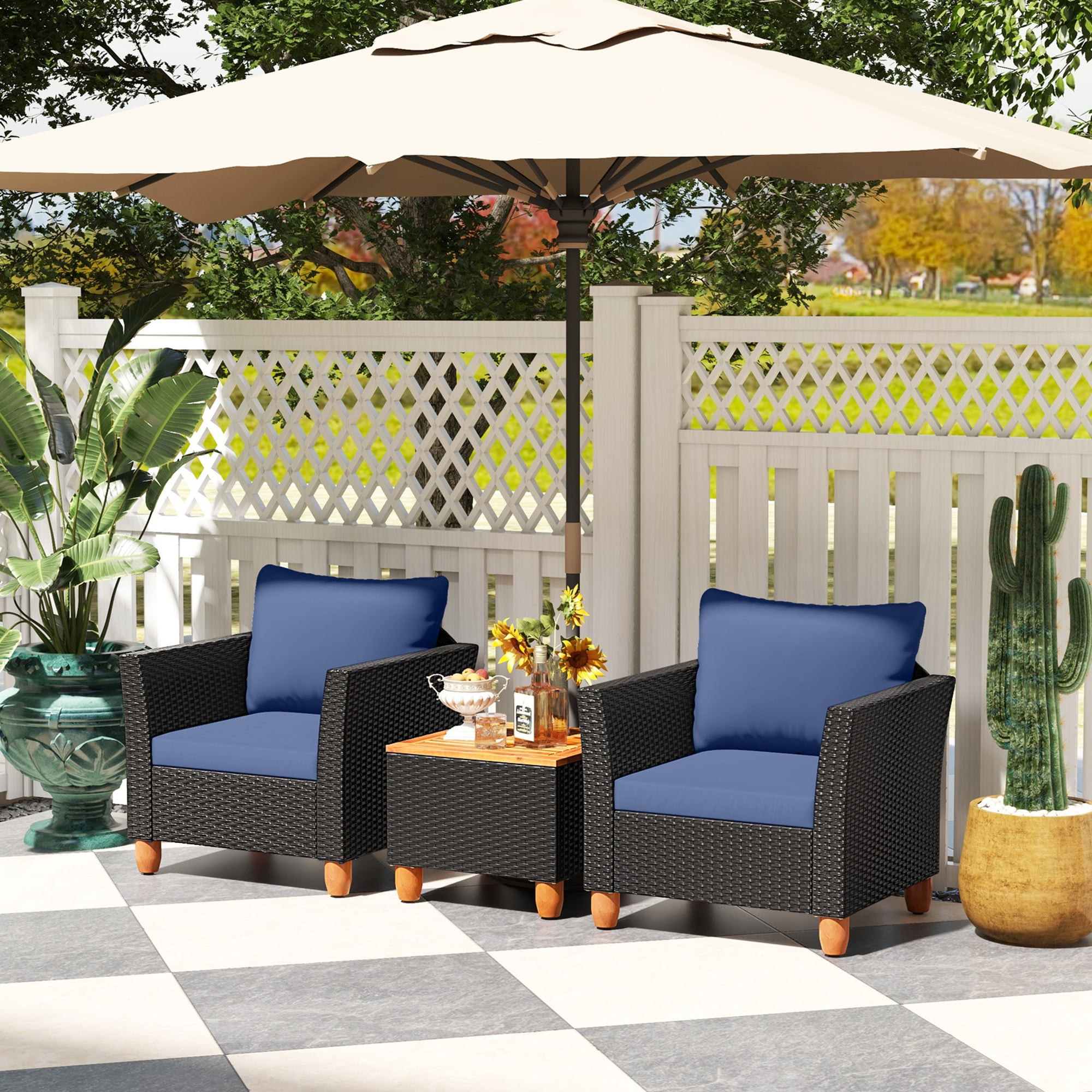 Costway 3PCS Outdoor Patio Rattan Furniture Set Wooden Table Top Cushioned Sofa Navy