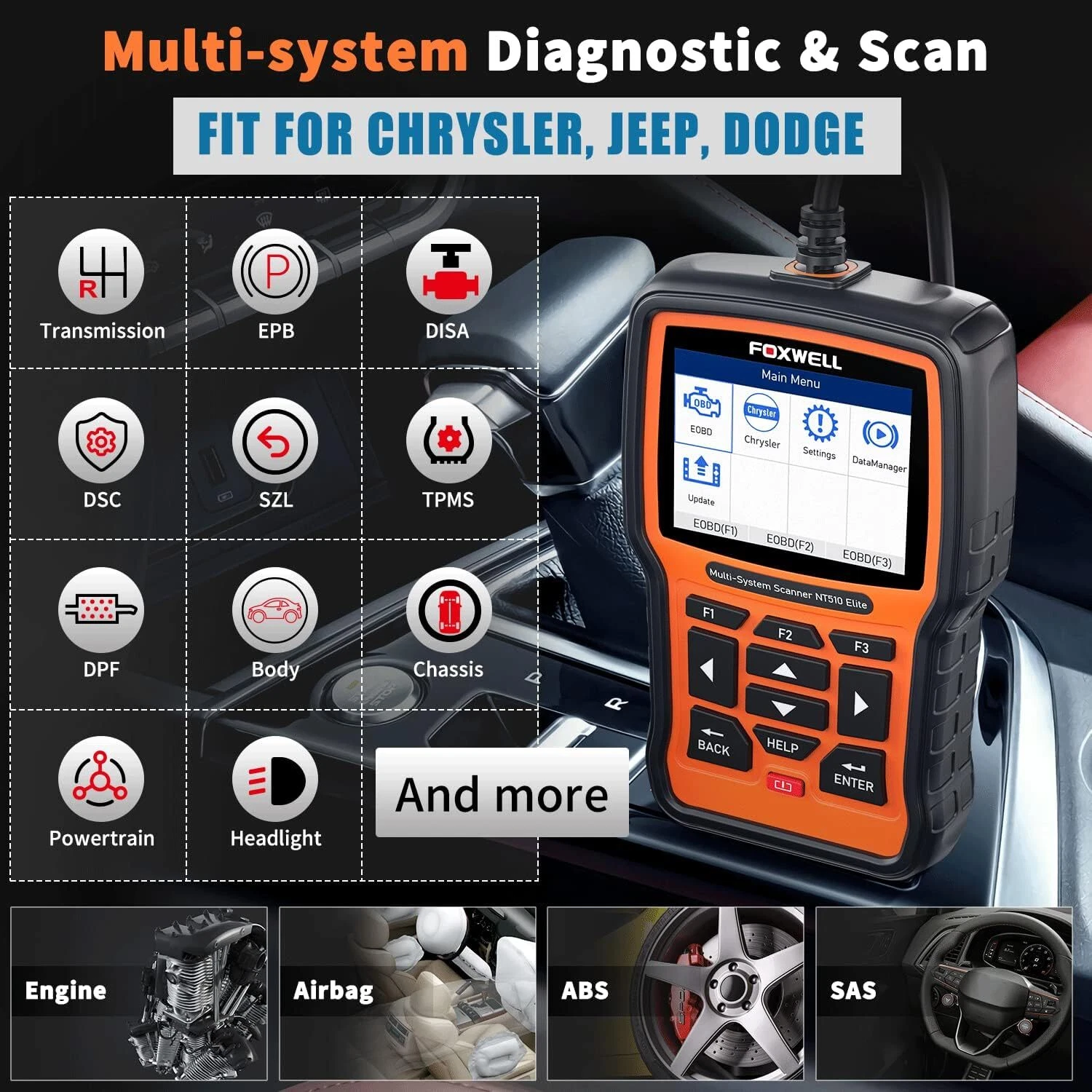Foxwell NT510 Elite Car Scanner Bidirectional Control Test Diagnostic Tool OBDII Code Reader OBD2 Scanner Full System Full Maintenance Reset Automotive Scanner for All Cars EOBD OBD Scanner,Chrysler