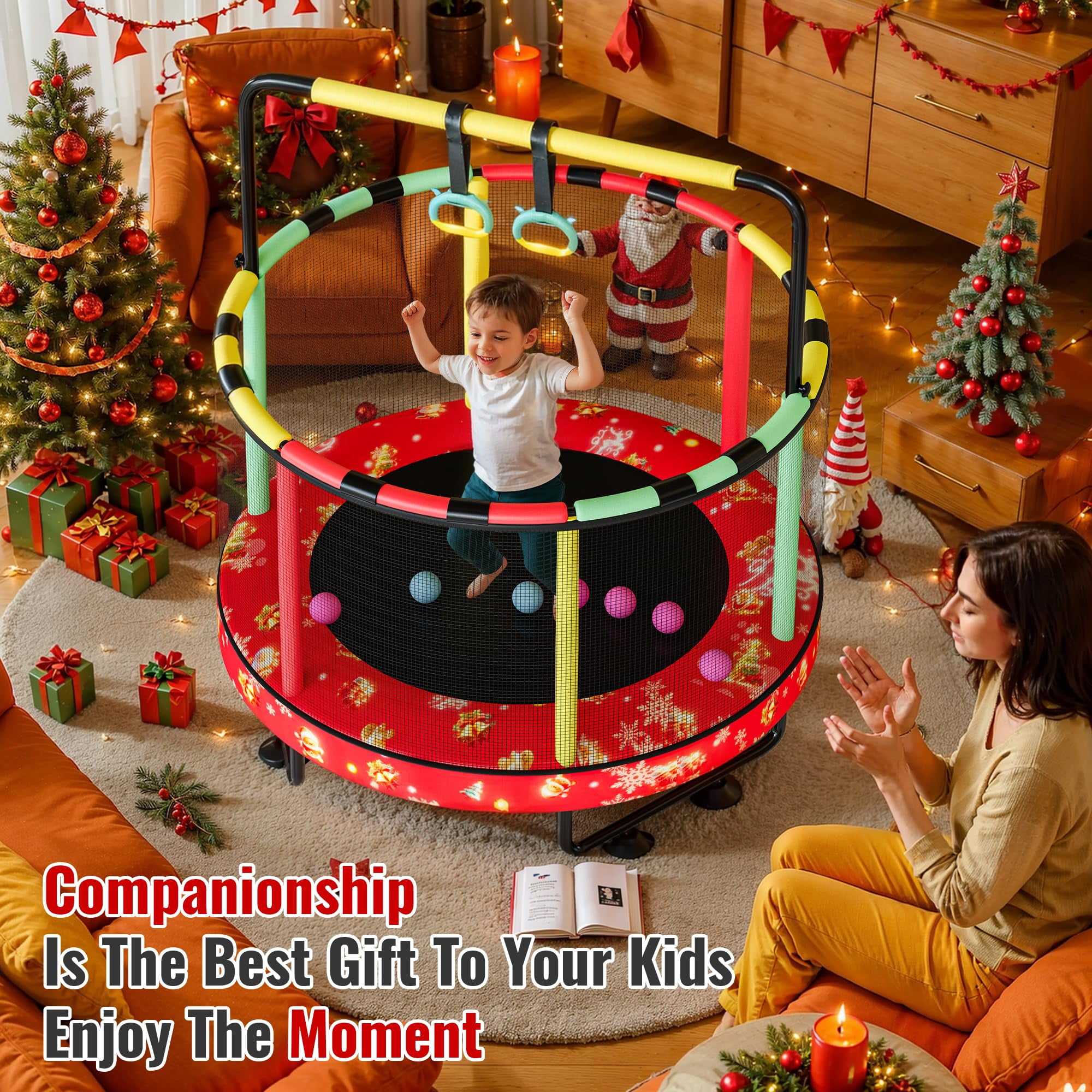 LinkRomat Round Trampoline for Kids, Indoor & Outdoor Toddler Trampoline with Enclosure, Adjustable Height Handrail & Durable Designs for Boys & Girls, 450lbs Capacity, 7-in-1, 55"