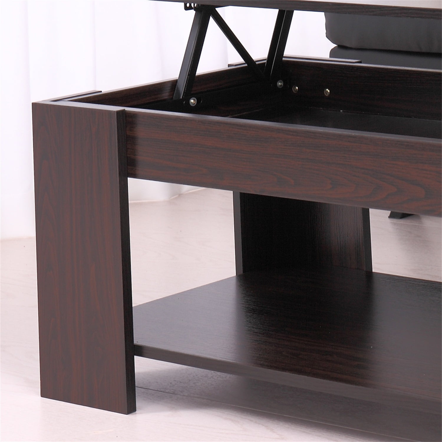Kadyn Wooden Ceiling Coffee Table, Modern Coffee Table with Hidden Compartment and Open Bookshelf, Central Coffee Table for Home, Nut Brown Kadyn Wooden Ceiling Coffee Table, Modern Coffee Table with Hidden Compartment and Open Bookshelf, Central Coffee Table for Home, Nut Brown