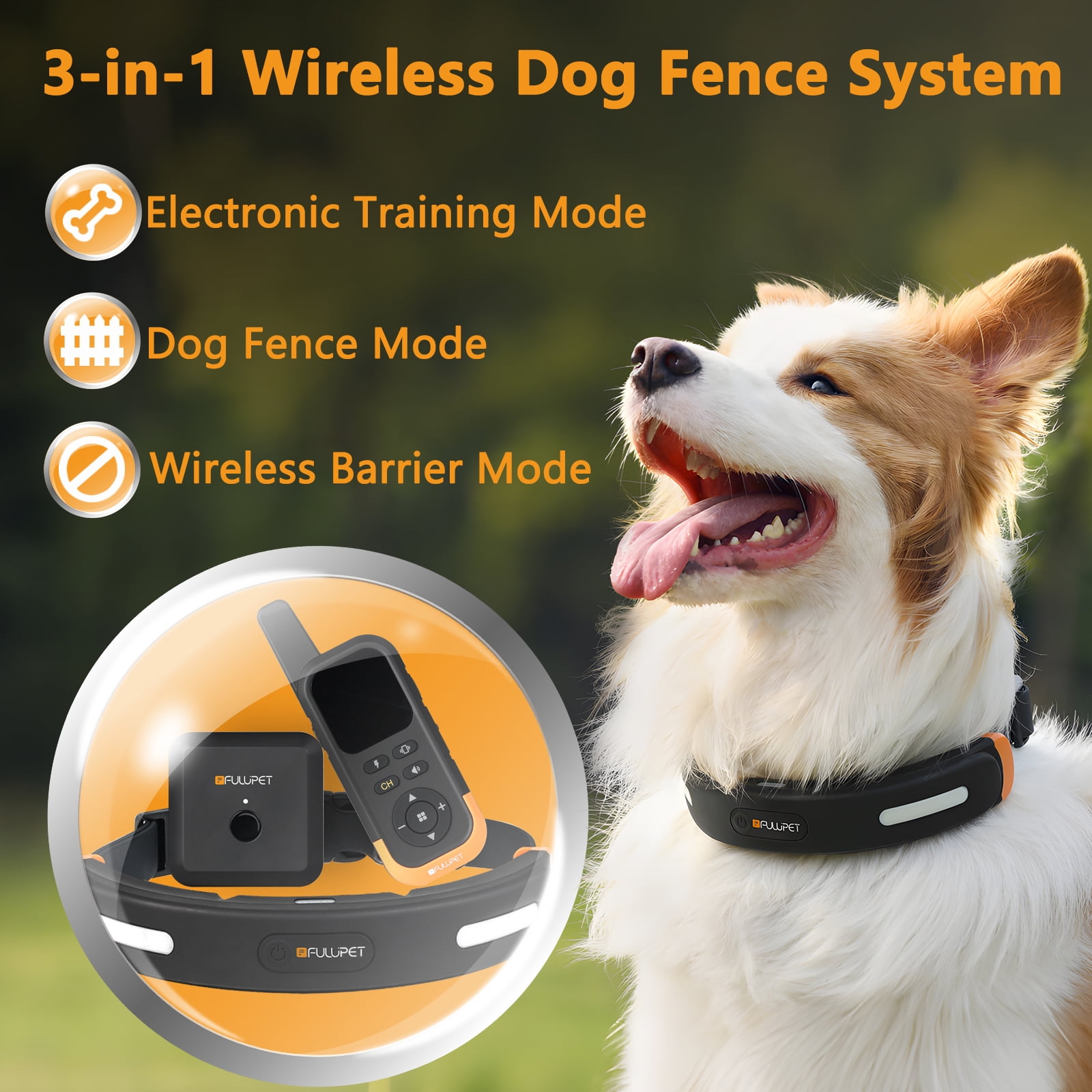 Wireless Dog Fence System, 3-in-1 Wireless Fence Indoor & Outdoor Use, 6 Acre Accurate & Reliable Electric Fence , Wireless Invisible Pet Fence with LED Light Training Collar,Black