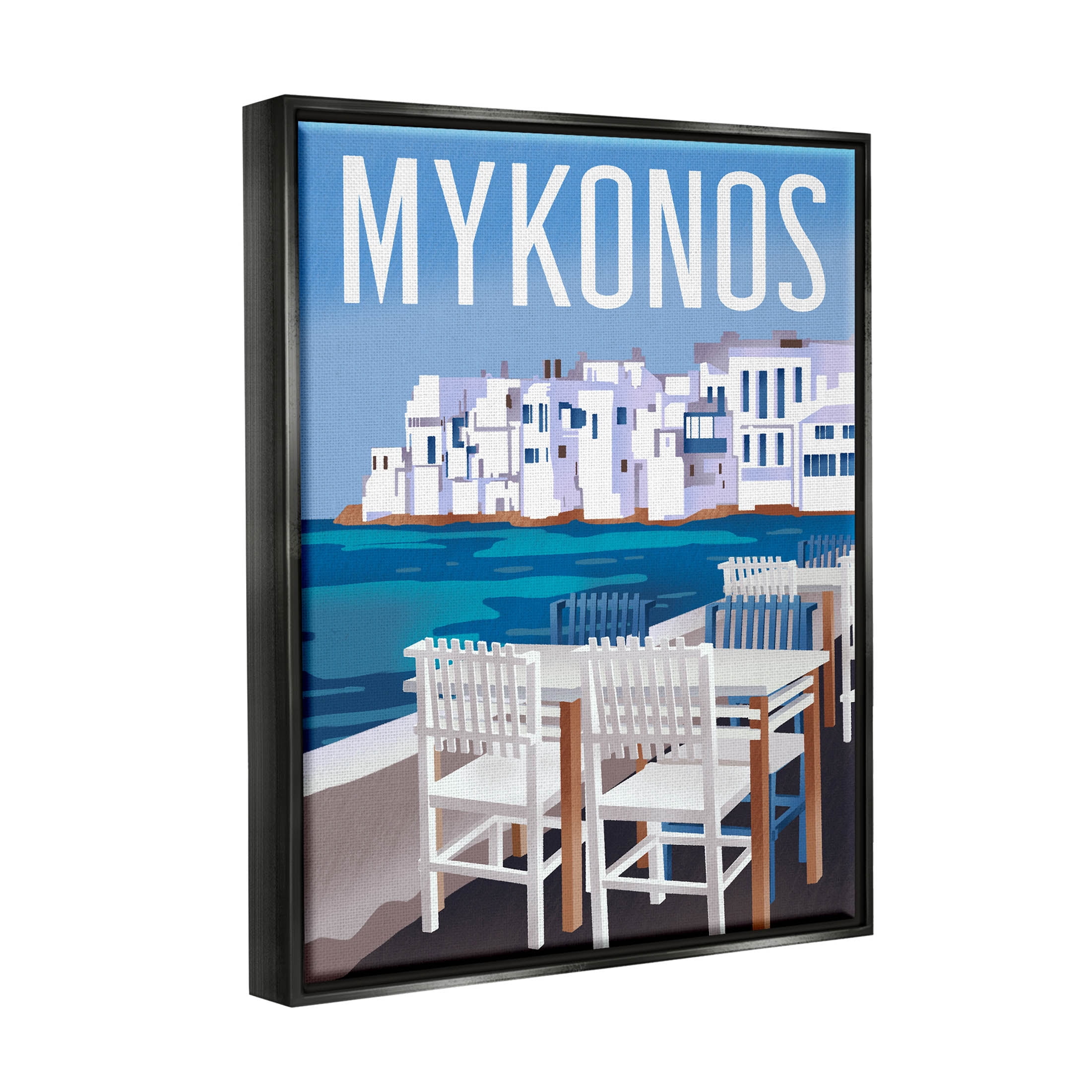 Stupell Industries Mykonos Seaside Vacation Graphic Art Jet Black Floating Framed Canvas Print Wall Art, Design by Ziwei Li