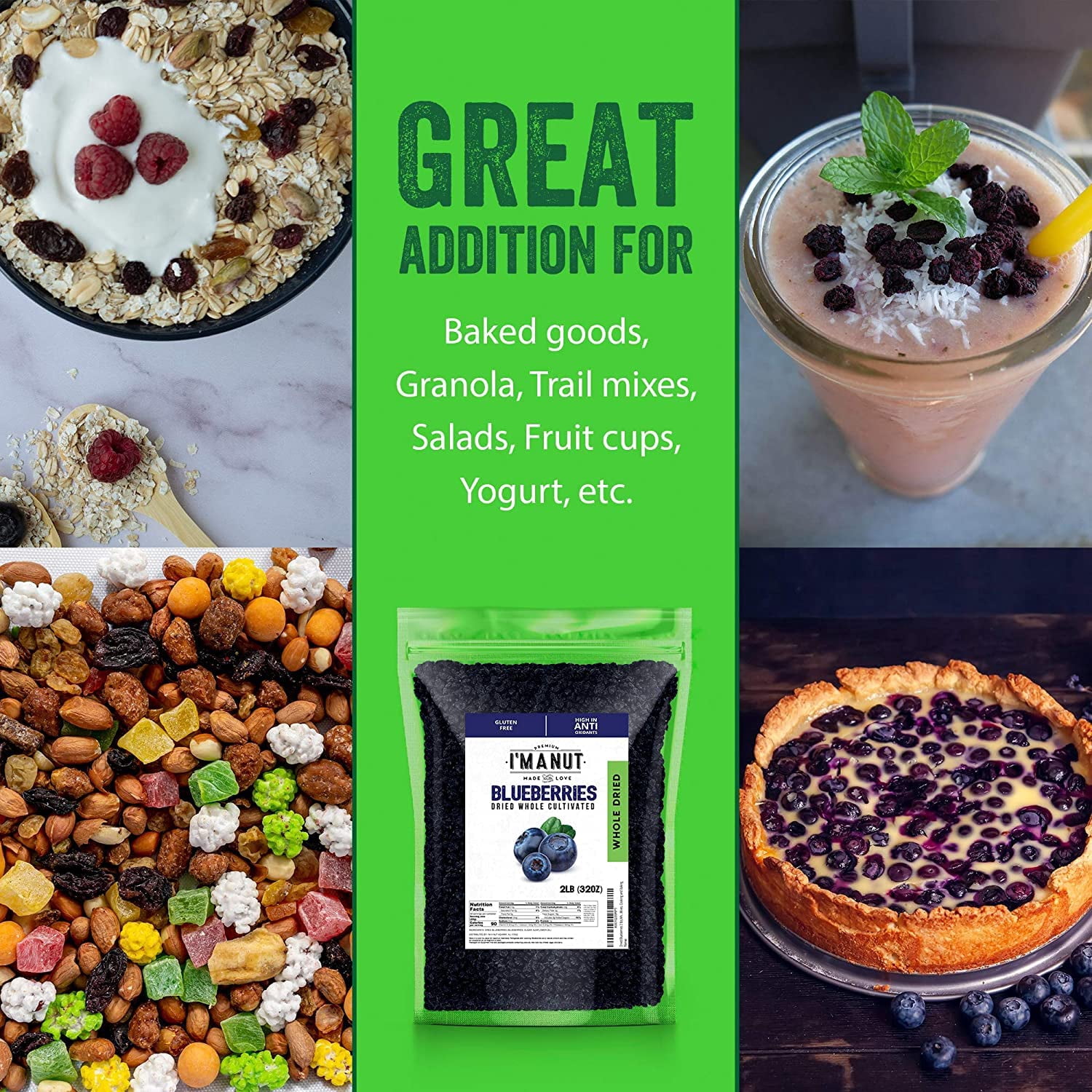 Whole Dried Blueberries- 48 oz American -Kosher Batch Tested Gluten and Peanut Free - I'M A NUT
