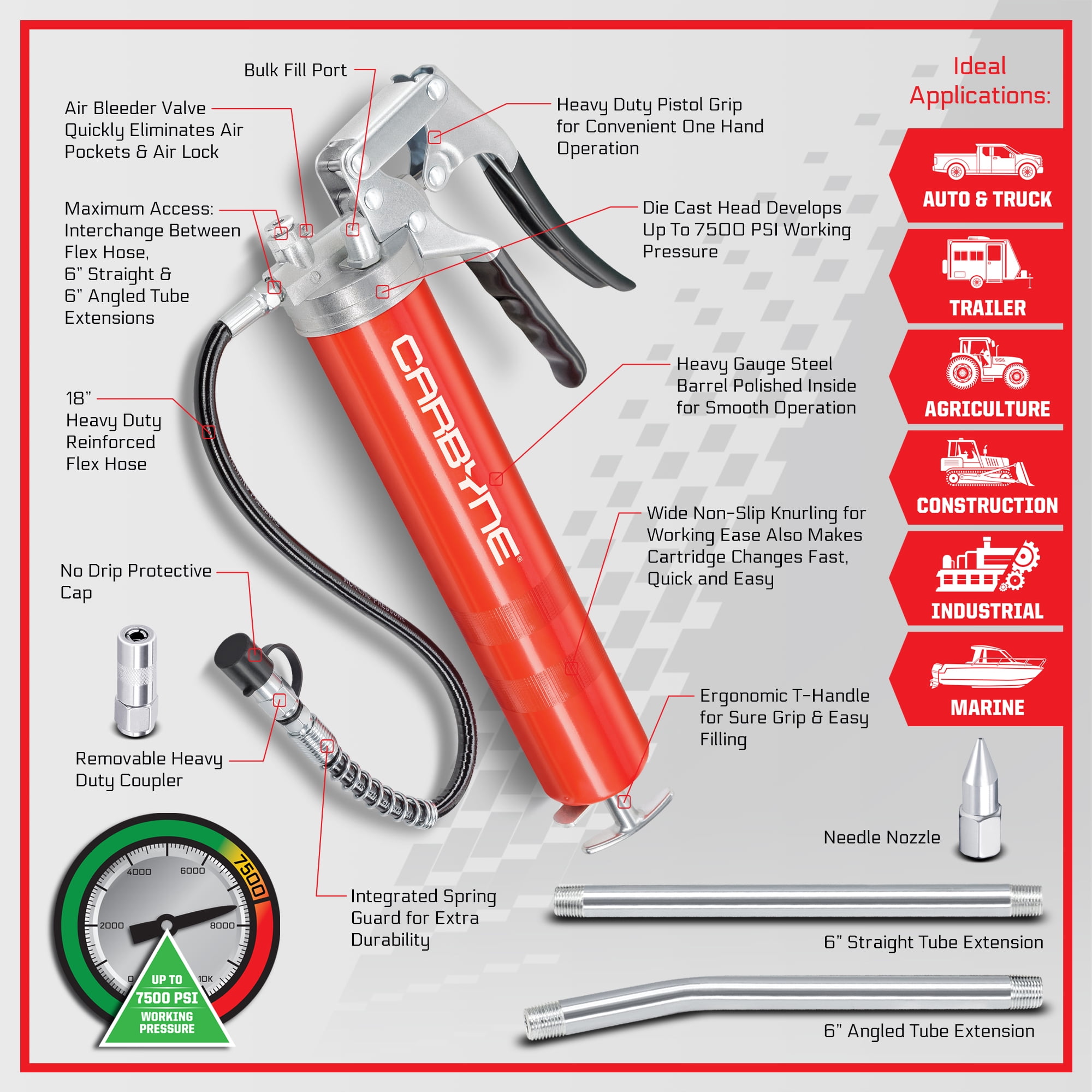Carbyne Grease Gun, Pistol Grip, 7500 Psi, Steel Barrel, 3-Way Loading, 18 in. Hose, Straight and Angled Tubes, Needle Nozzle, Coupler