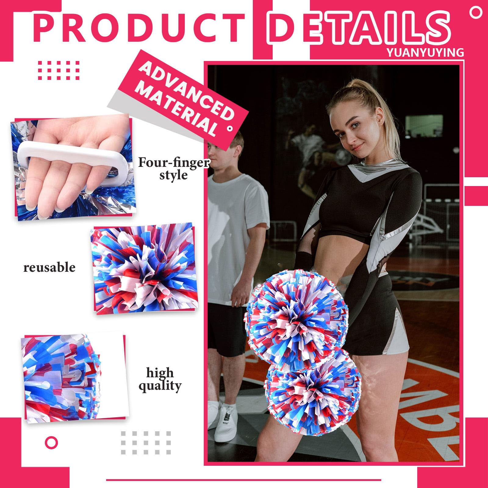 Cheer Pom Poms 8 Pcs Four Finger Handle, Cheerleading Handheld Squad Pompoms for Sports Team Cheer Spirit Games Dance Party Adults