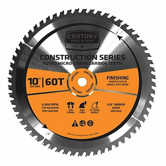 Century Drill & Tool 10216 10" 60T Construction Circular Saw Blade, Durable C3 Carbide Teeth, Heat Vents, Precise Cuts, Low Vibration
