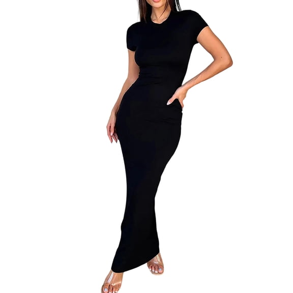 Women Summer Long Dress Short Sleeve Slim Round Neck Bodycon Maxi Dresses for Women Black S