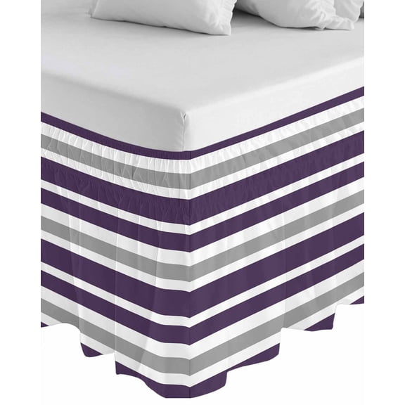 Purple Grey Striped Wrap Around Bed Skirts for King Bed 16" Drop,Bed Skirt with Adjustable Elastic Belt Dust Ruffle Bed Valance for Bedroom Hotel Modern White Abstract Art Aesthetics Bed Frame Cover