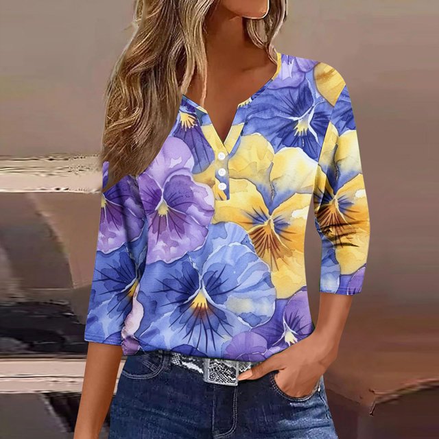 Fiudx Liquidación de Ofertas Flash Blusa de Manga 3/4 Corta Estampada a La Moda para Mujer, Blusa Informal con Cuello Redondo