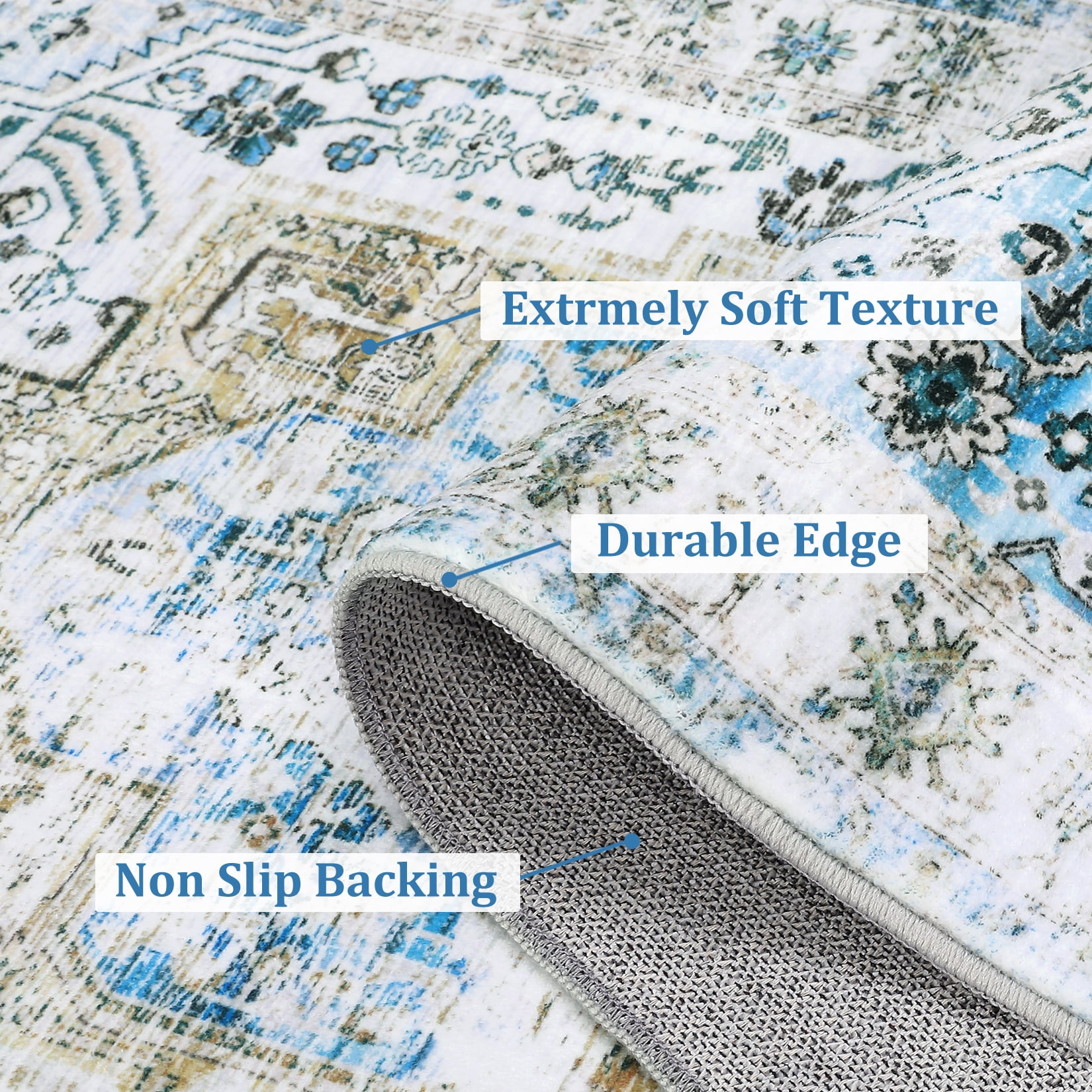 Hasoo Large 9' x 12' Vintage Area Rug for Living Room Bedroom Washable Floral Carpet, Blue