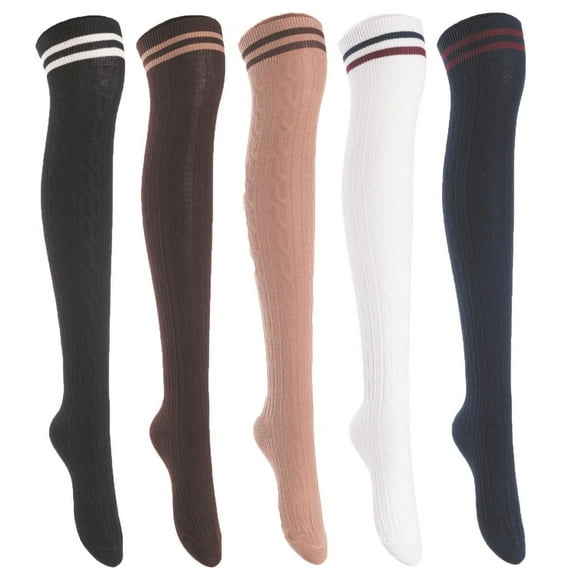 Lian LifeStyle Exquisite Big Girl's Women's 5 Pairs Thigh High Cotton Socks. Female Socks in Vibrant Colors Size 6-9 L1023Blk,Cof,Kaki,Wite,Nvy