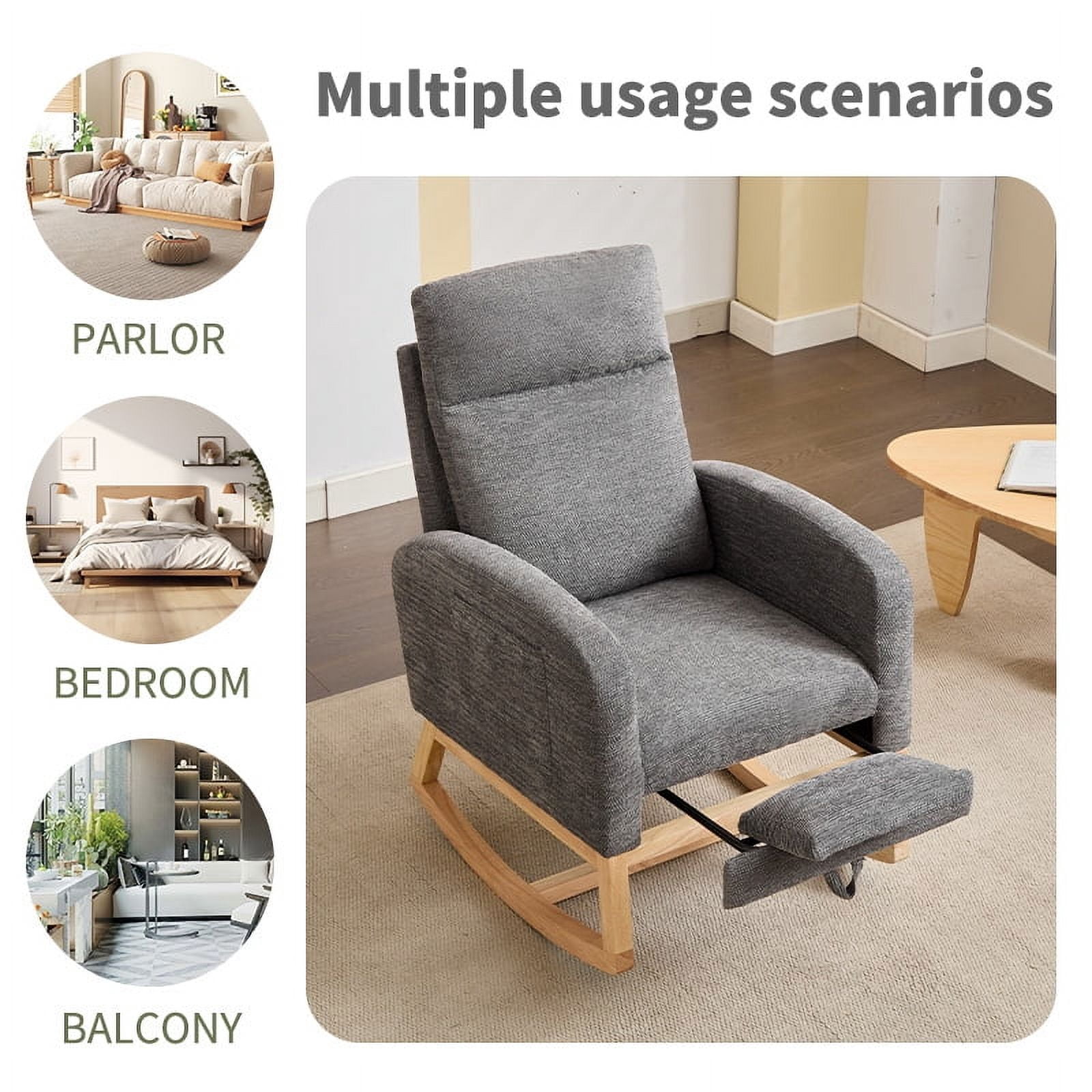 Outdoor Rocking Chairs Modern Accent Rocking Chair Rocking Chair with Solid Wood Legs, Upholstered Nursery Glider Rocker, Comfy Armchair with Side Pocket, Living Room Lounge Arm Chair with High Back