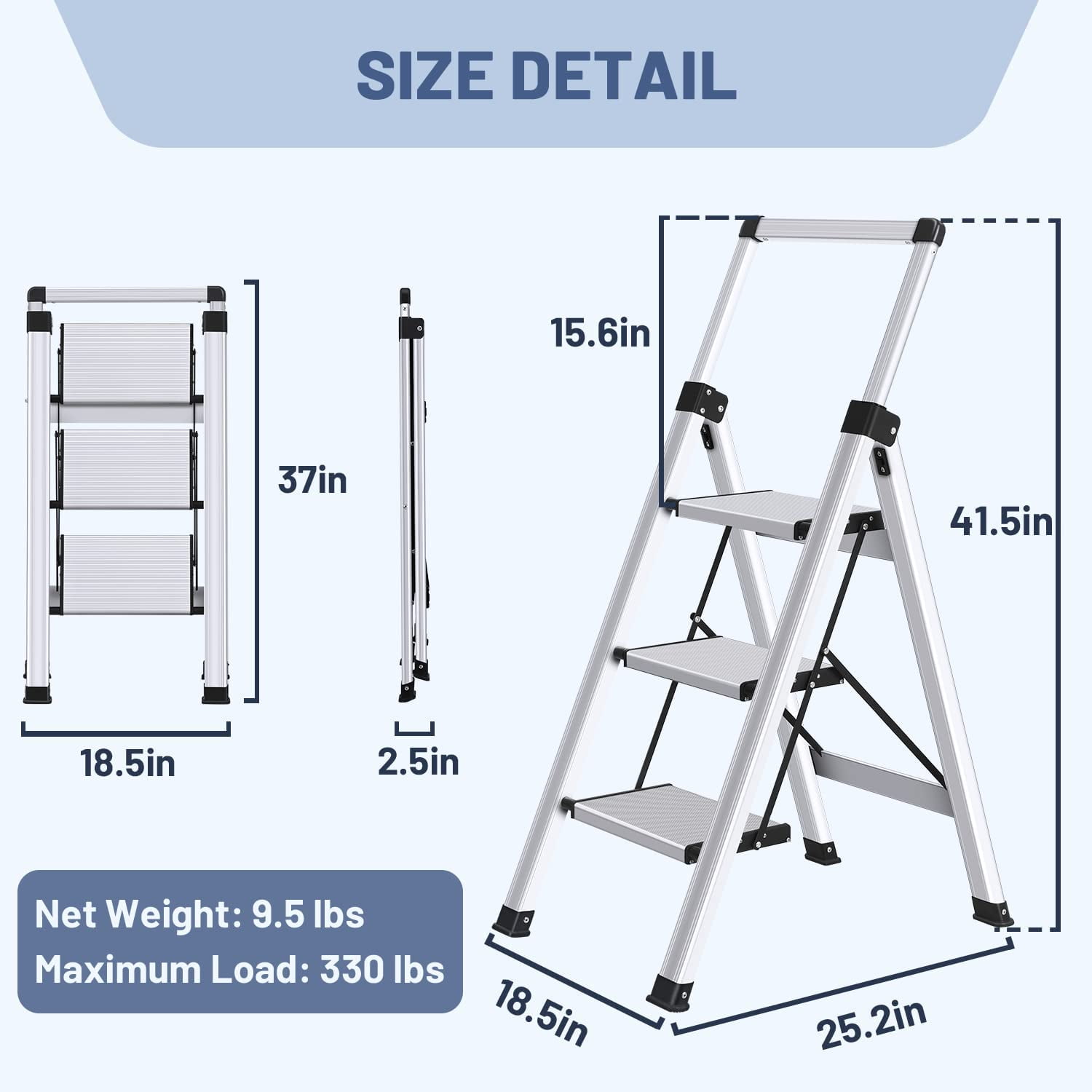 Aluminum 3 Step Ladder - Retractable Handgrip Folding Step Stool, 330 lbs Capacity, Wide Anti-Slip Pedals, Safety Household Ladder for Home, Kitchen, Closet