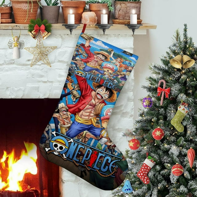 One Piece Tema: Calcetines de Navidad, fino lino blanco para colgar en escaleras y chimenea, decoración navideña para el hogar, regalo de Navidad.54cm×38cm
