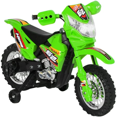 - Best Choice Products 6V Kids Electric Battery-Powered Ride-On Motorcycle Dirt Bike Toy w/ 2mph Max Speed, Training Wheels, Lights, Music, Charger - Green