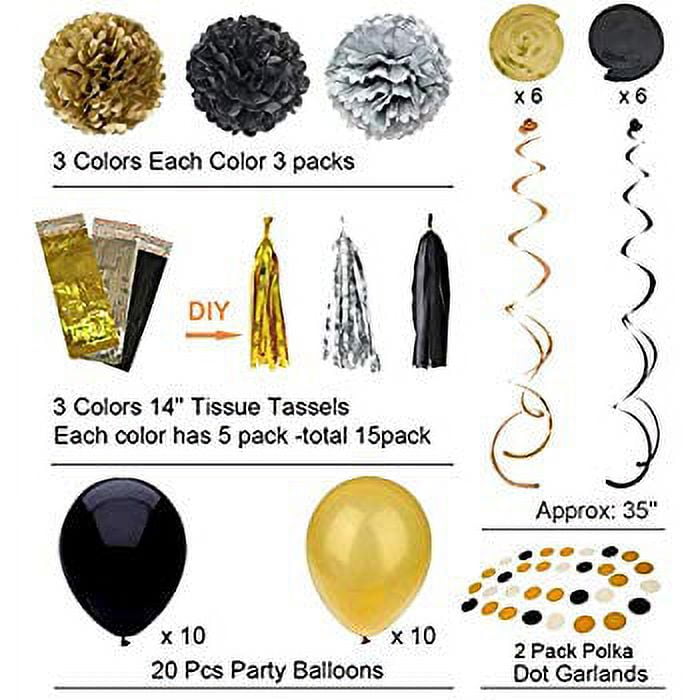  Black and Gold Party Decorations - Masquerade and Birthday  Party Decorations with DIY Paper Pom Poms Flowers, Tassel Garland,  Balloons, Hanging Swirl, Circle Paper Garland - 58Pcs : Home & Kitchen