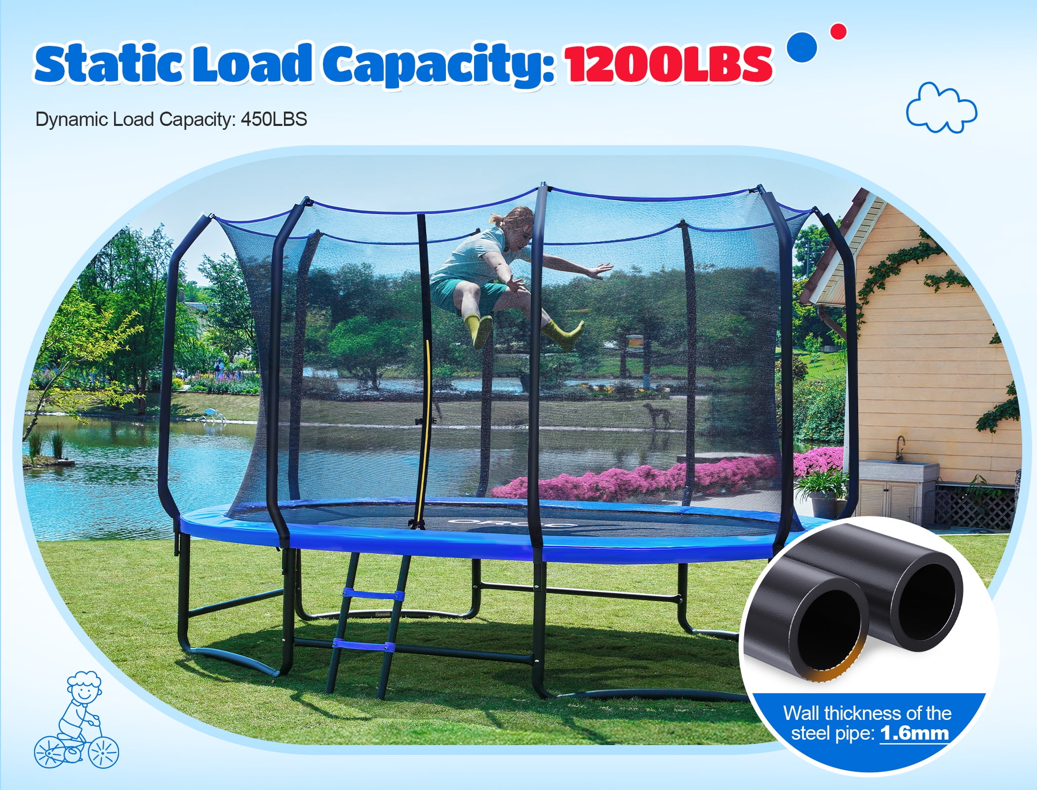 ORCC 1200LBS Capacity Oval 7X10FT Heavy-Duty Yard Trampoline for Kids & Adults with Safety Enclosure, 1.6mm Thickened Steel Frame & Reinforced Legs, Outdoor Gymnastics Trampoline