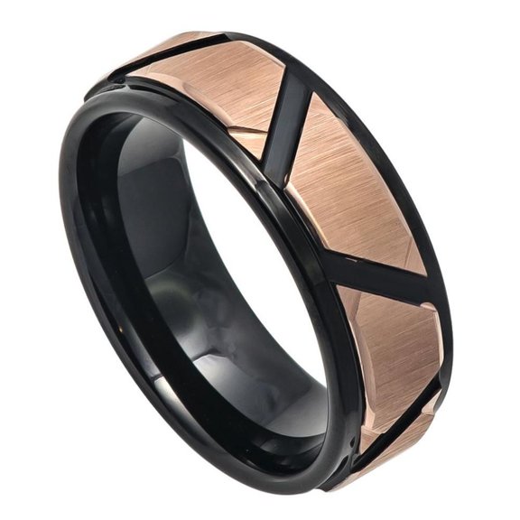 Custom Personalized Engraving Wedding Band Ring Set for Him & Her - 8mm Rose Gold IP Brushed Trapezoid Center High Polished Black Gold IP Grooves & Stepped Edge