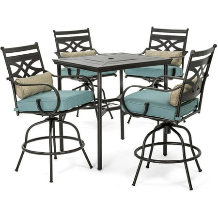 Hanover Montclair 5-Piece All-Weather Outdoor Counter-Height Patio Dining Set 4 Cushioned Swivel Chairs and 33 Square Stamped Rectangle Table MCLRDN5PCBR-BLU