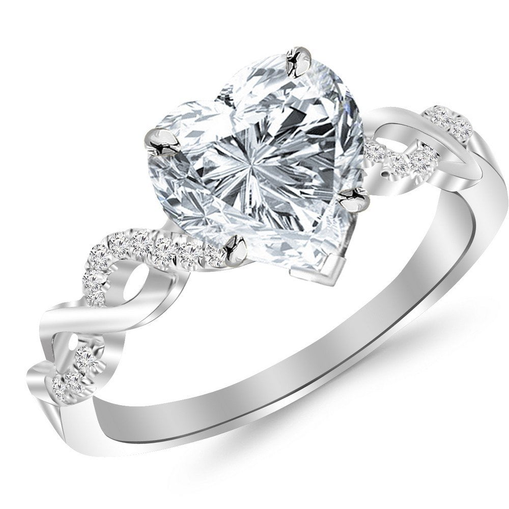 Houston Diamond District 1.13 Ctw Twisting Infinity Gold and Diamond Split Shank Pave Set Diamond Engagement Ring (1 Ct H Color SI2 Clarity Center Stone) Platinum Heart Shape Size-4