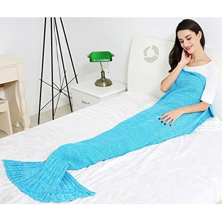 Casofu Mermaid Tail Blanket All Seasons Knitted Sea Sleeping Bag Sofa Bed Snuggle 71 X32 Blue